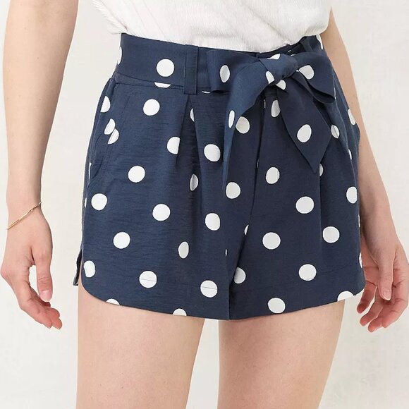 LC Lauren Conrad Print Tie-Waist Shorts - blue and white polka dot - size L - Picture 1 of 7